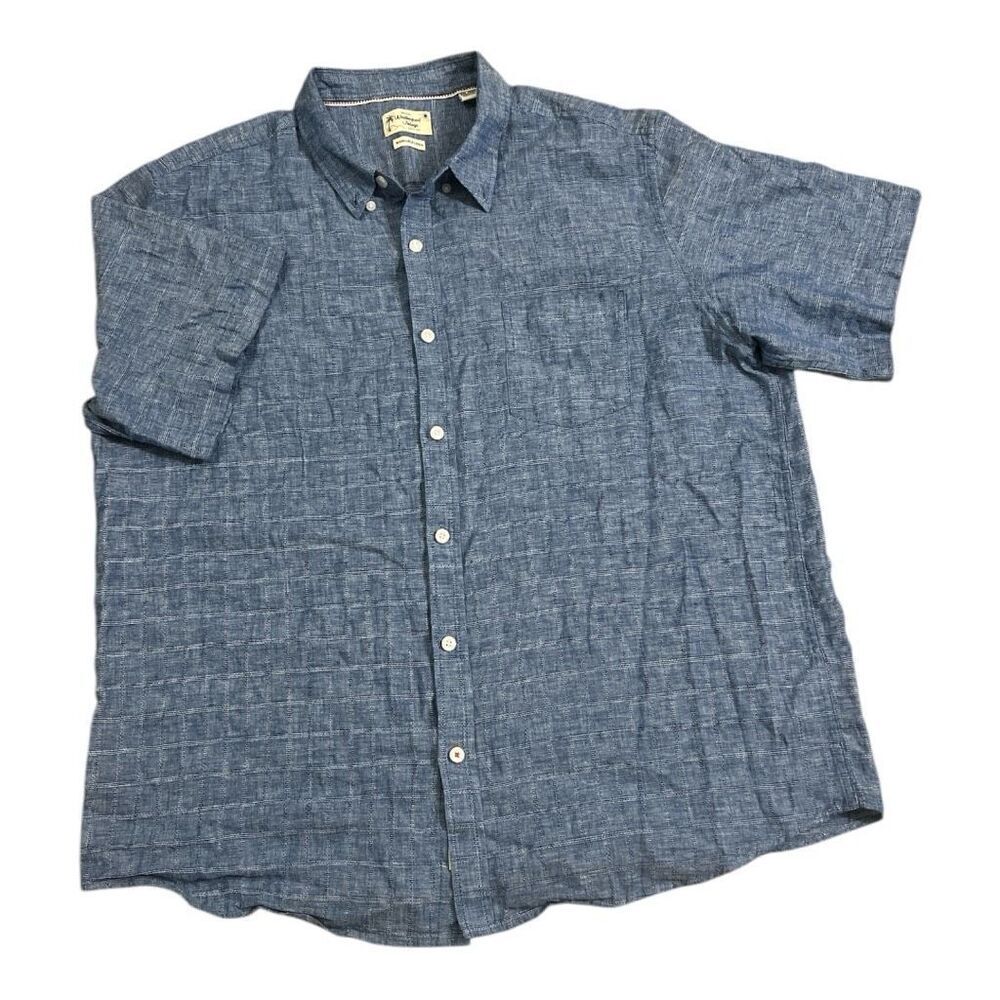 Weatherproof Vintage Men XXL Short Sleeve Washable Linen Cotto Button Shirt Blue